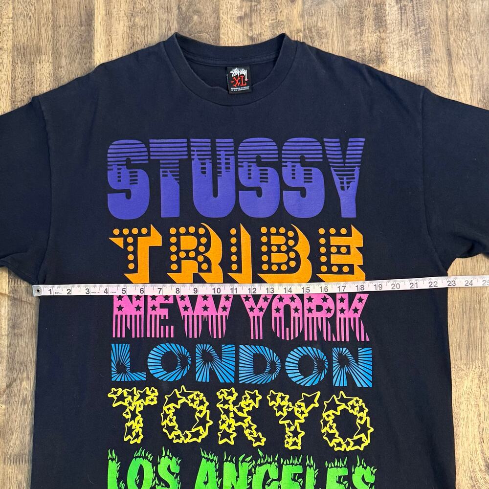 VTG Stussy Tee Shirt Tribe Tour New York Tokyo London LA Graphic Y2K Black XL - Picture 6 of 8